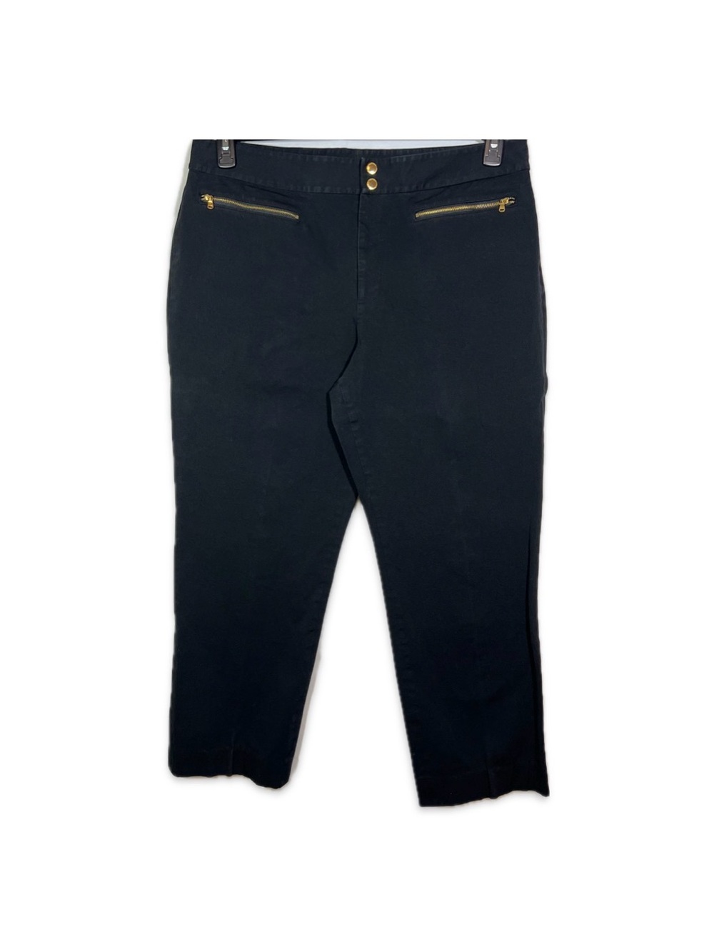 Lauren Ralph Lauren Black Cropped Pants Gold Zip Cotton Size 16 Classic Chic